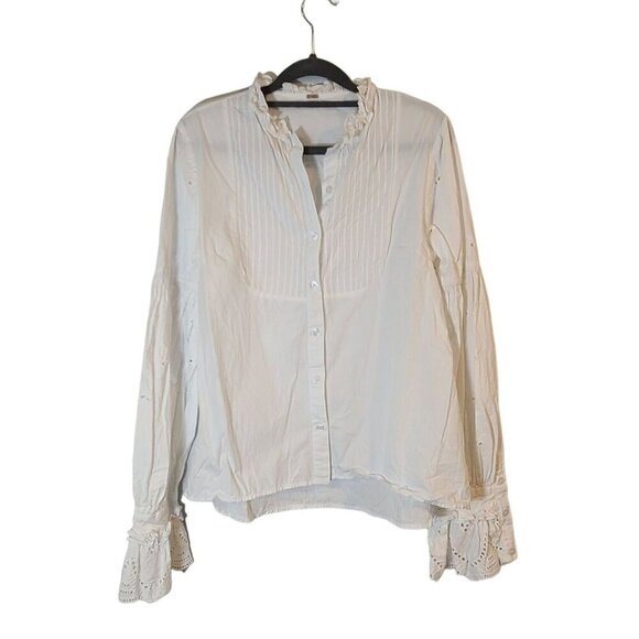 Free People Button Down Ruffle And Eyelet Ballon Sleeve Blouse White Medium - Picture 1 of 12